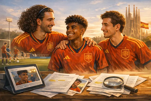 Lamine Yamal in Spain's No. 10 jersey during the 2026 World Cup, with teammates Marc Cucurella and Mikel Oyarzabal in the background
