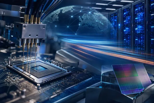 Editorial illustration of AI chip testing and semiconductor equipment, representing demand behind AEM Holdings’ first-half results