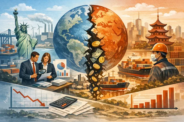 Visualization of global supply chain connections and trade routes between the West and China, illustrating the economic interdependency analyzed in the EY-Parthenon decoupling cost