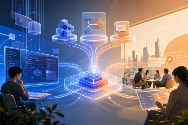 Editorial illustration representing Alibaba QwenWork as a unified AI workplace platform