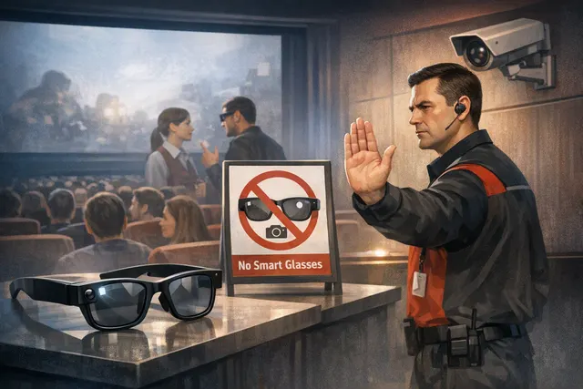 Illustration of camera-enabled smart glasses in a cinema setting, representing privacy, accessibility and film-piracy concerns