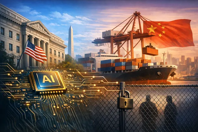 A microchip over a digital map highlighting export control routes between the US and Asia, symbolizing the closure of an offshore AI chip loophole.