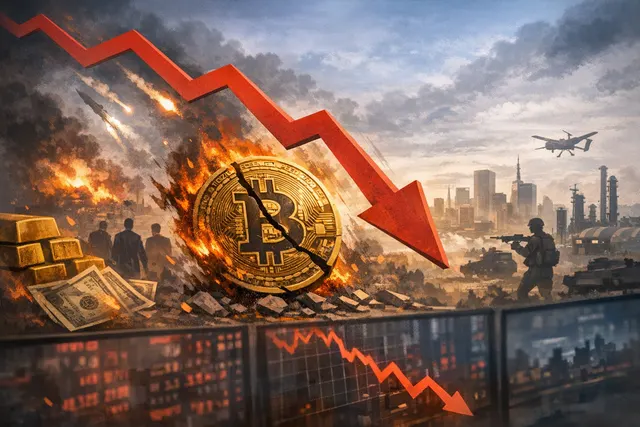 A dramatic, dark-toned artistic visualization of the Bitcoin symbol cracking as a downward red arrow pierces the $70,000 price floor, while glowing green upward stock charts for th