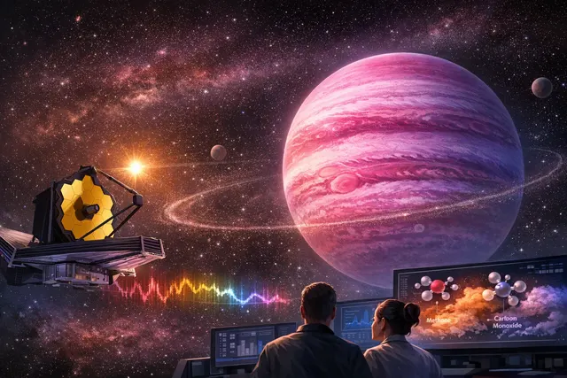 Artistic representation of the 'Pink Planet' GJ 504b, a magenta-colored gas giant with swirling clouds and a backdrop of stars.