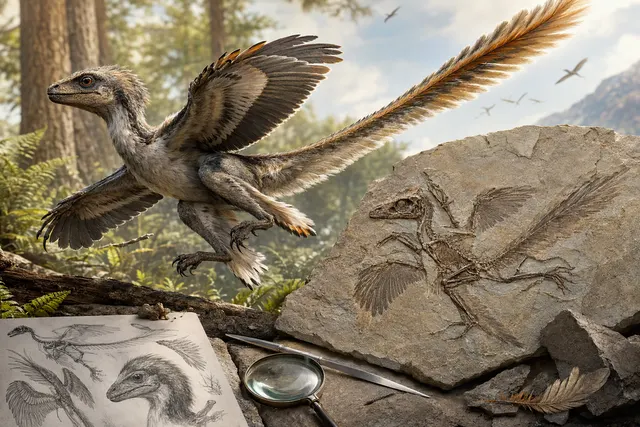 AI-generated conceptual illustration of a small feathered dinosaur with long feathers on its forelimbs and hindlimbs