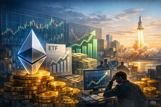 Illustration of Ethereum rising as ETF inflows and short liquidations drive a market rally