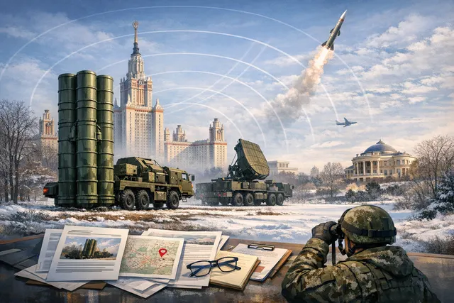 AI-generated illustration of an S-400 air defense system deployed in an urban park setting near Moscow