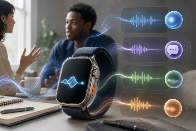 Editorial illustration of Apple Watch Audio Intelligence and ambient speech processing