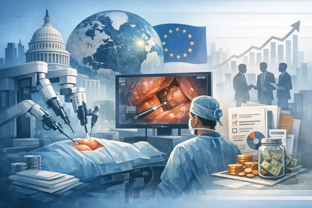 A sleek, modern surgical robot in an operating room, representing the Cornerstone Robotics Sentire Endoscopic Surgical System amid global expansion milestones.