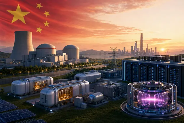 Illustration of a nuclear power plant and data-center infrastructure representing China’s AI electricity challenge