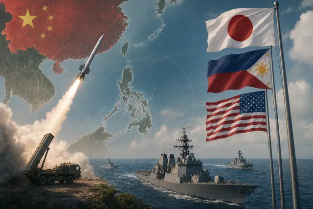 Editorial illustration of a coastal missile launch representing Japan’s Type 88 anti-ship missile drill in the Philippines