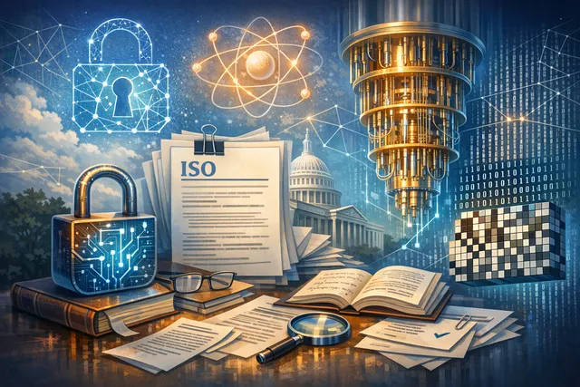 Abstract digital illustration representing quantum-resistant encryption and the Classic McEliece algorithm becoming a global ISO standard