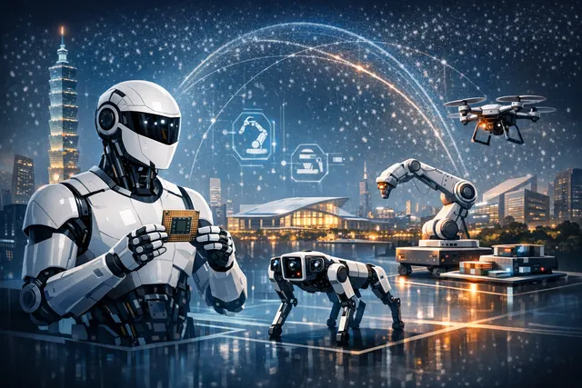 An Intel-branded robotics framework concept visualized with futuristic factory and robot arm elements, representing the OpenVINO Physical AI launch at Computex 2026.
