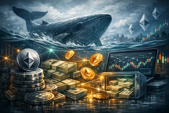 Illustration of a giant Ethereum whale diving over a glowing Aave lending pool, representing whale borrowing activity and on-chain short and long trades.