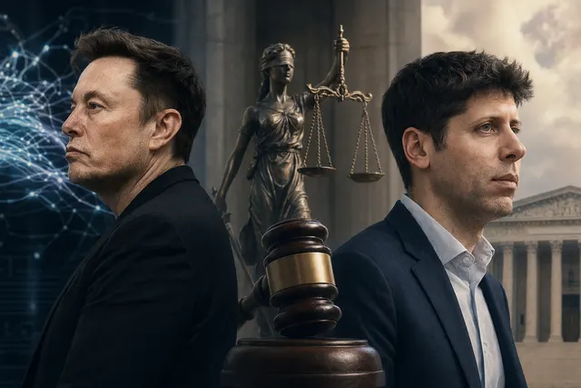 Illustration representing the legal battle between Elon Musk and OpenAI over the company’s shift from nonprofit to commercial structure