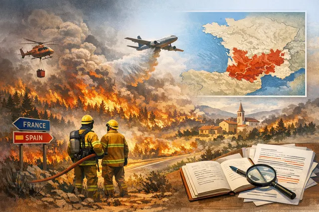 AI-generated editorial image depicting a massive wildfire with thick smoke plumes and orange flames near a city skyline, illustrating the July 2026 France-Spain wildfires