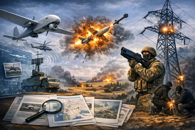 Artistic rendering of a jet-powered drone silhouette and a small interceptor drone against a night sky, representing the evolving drone arms race between Russia and Ukraine.