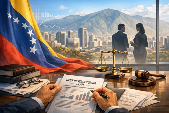 A digital illustration of Venezuela's flag imposed on a graph of declining debt, symbolizing the country's massive debt restructuring effort.