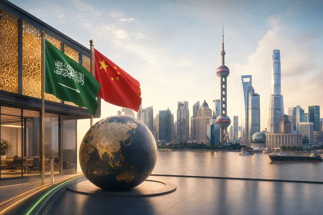 Editorial illustration of Saudi Arabia’s Public Investment Fund building financial links with Shanghai and China