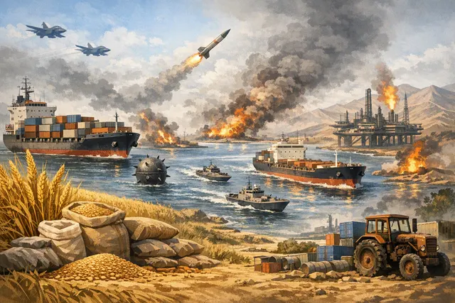 Editorial illustration of grain fields, cargo ships, fertilizer and conflict-related disruptions affecting global food supplies