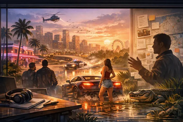 Stylized editorial artwork representing Grand Theft Auto VI’s reactive police, surveillance and open-world crime systems