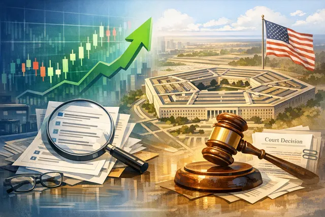 Alibaba stock chart showing a sharp 11% surge with a gavel representing the court ruling and a Chinese flag in the background