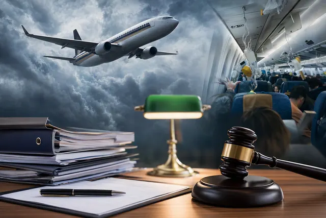 AI-generated editorial illustration accompanying the report on the SQ321 turbulence inquest