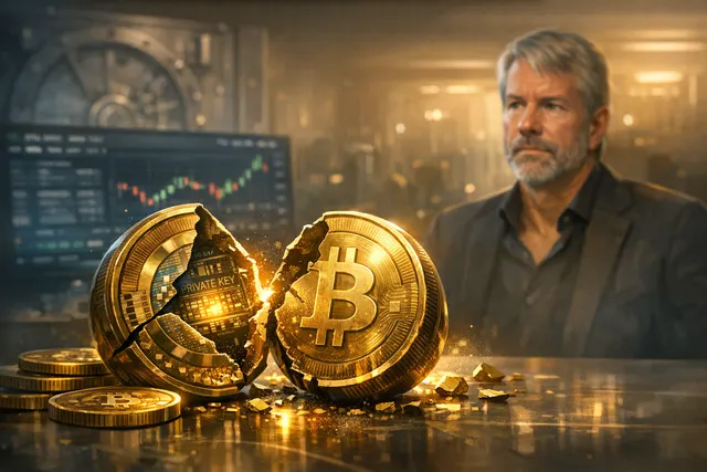 A conceptual image of a golden Casascius physical Bitcoin coin with a partially peeled hologram, revealing a glowing digital key beneath.