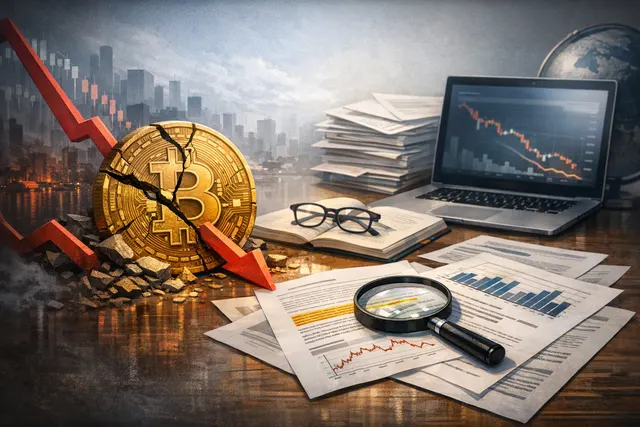Bitcoin price chart showing a steep decline, with lines representing a falling market and a broken chain symbolizing Strategy's broken 'never sell' promise, against a dark financia