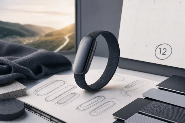 Illustrative fitness tracker with a display, shown at an angle against a simple background