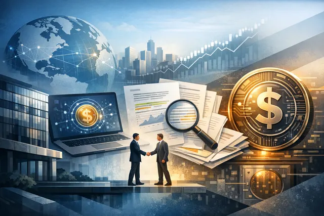Abstract visualization of BlackRock's Aladdin platform connecting to Ethena's USDe stablecoin with financial data streams