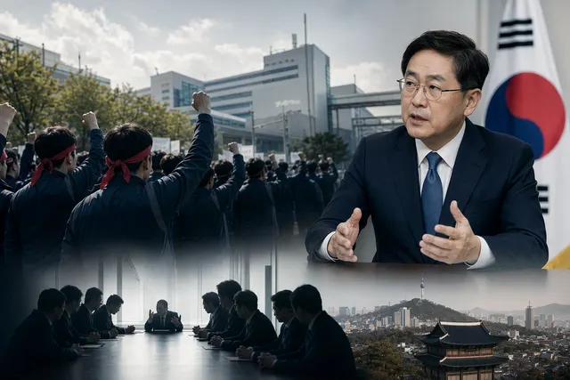 Illustration representing Samsung workers and chip manufacturing during a labor dispute