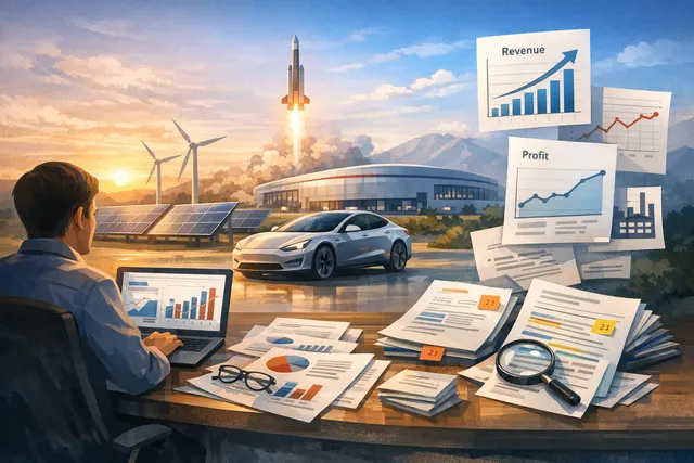 Tesla Q2 2026 earnings report cover graphic showing financial results, record revenue, and stock chart