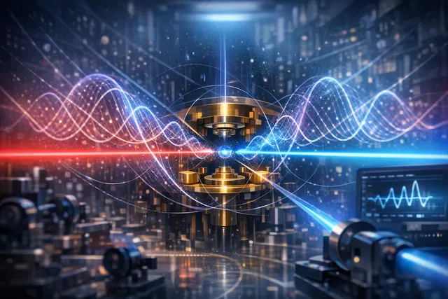Artistic representation of a single trapped ion emitting controlled quantum light in a high-vacuum chamber, illustrating advanced quantum control experiments at the University of O
