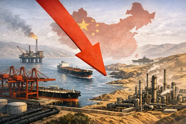 Editorial illustration of China’s falling crude-oil imports, oil tankers and the Strait of Hormuz disruption
