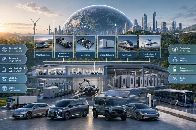 Illustration of BYD electric vehicle ecosystem including EVs, batteries, and global expansion