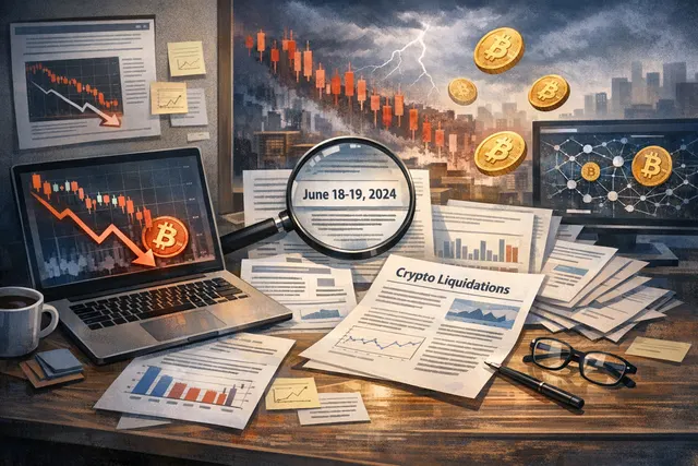 Bitcoin price chart showing a sharp decline in June 2024 with liquidation markers, representing the $361 million long liquidation event.