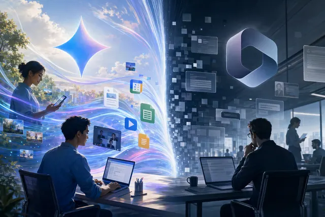 Conceptual illustration of Google Gemini expanding across Android phones and Workspace apps