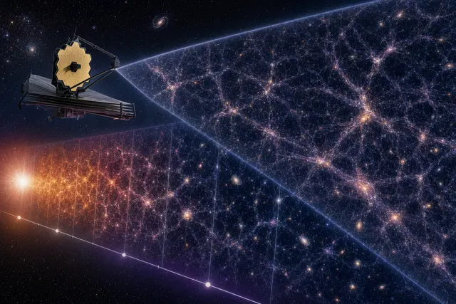Illustration of galaxies and filaments in the cosmic web mapped by JWST’s COSMOS-Web survey