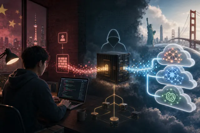Concept illustration of proxy servers relaying API calls from China to overseas AI models