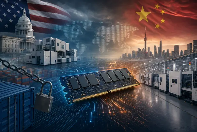 Editorial illustration about semiconductor manufacturing and chip supply amid U.S.–China export controls