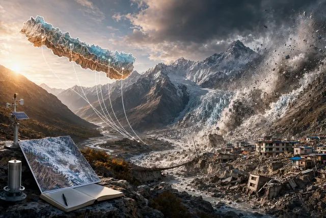 Illustration of a Himalayan glacier and mountain valley vulnerable to ice, rock and flood hazards