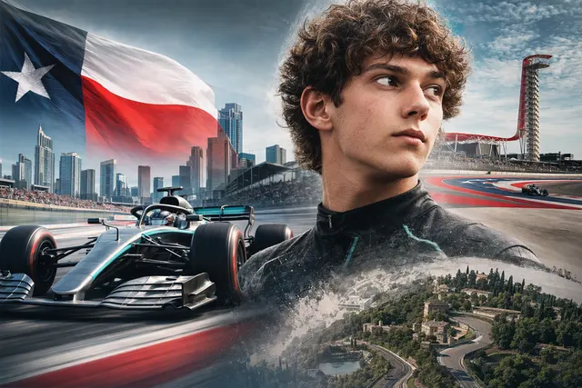 AI-generated editorial illustration for Kimi Antonelli’s potential Formula 1 title clinch at the United States Grand Prix in Austin.