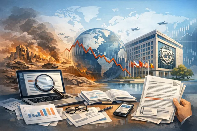 A conceptual illustration of the IMF's 2026 global economic outlook showing a downward trend arrow piercing through oil prices and the Strait of Hormuz, reflecting the adverse scen