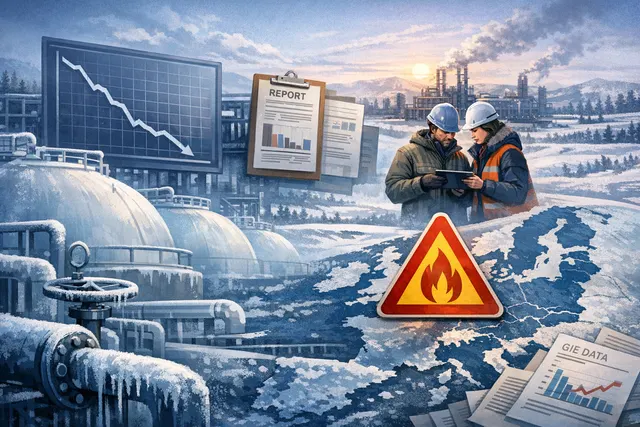 Graphical map of Europe with gas storage icons and crisis indicators for winter 2026-27