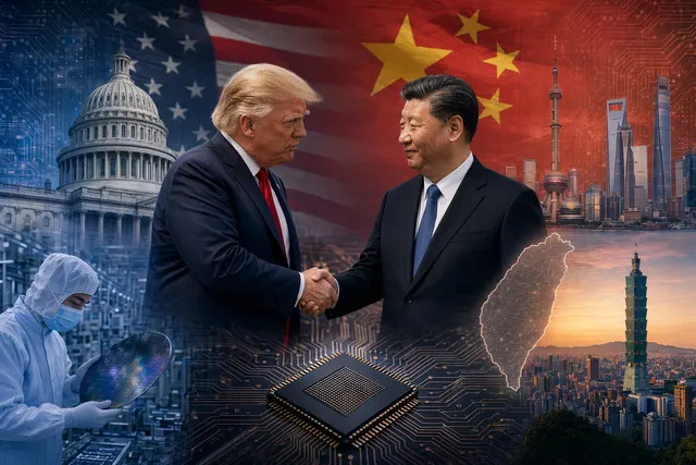 Illustration representing geopolitical tensions over semiconductors between the United States, Taiwan, and China