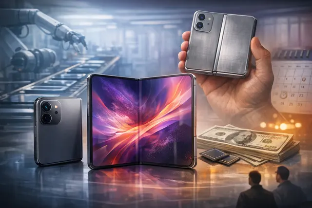 An AI-generated editorial image depicting a conceptual Apple foldable iPhone, the rumored iPhone Ultra, with a sleek book-style design and crease-free display.