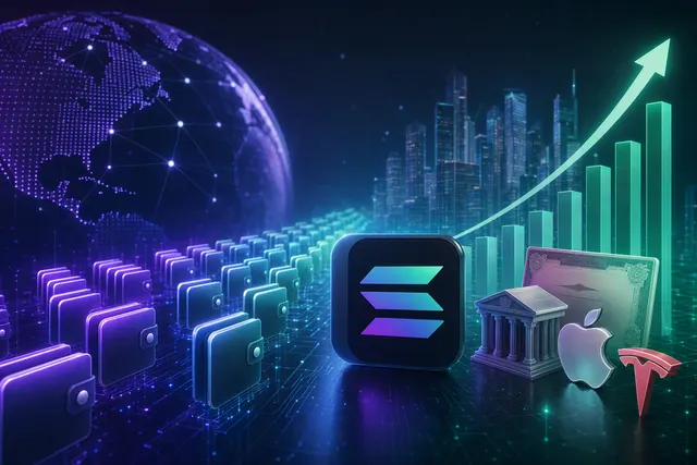Editorial illustration representing tokenized stocks and wallet growth on the Solana blockchain