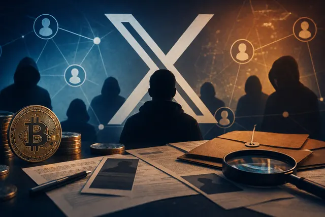 Editorial illustration of alleged coordinated Bitcoin account activity and X creator-payout litigation