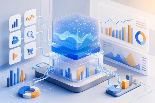 Illustration of marketing analytics dashboard with AI predictions and marketing mix modeling
